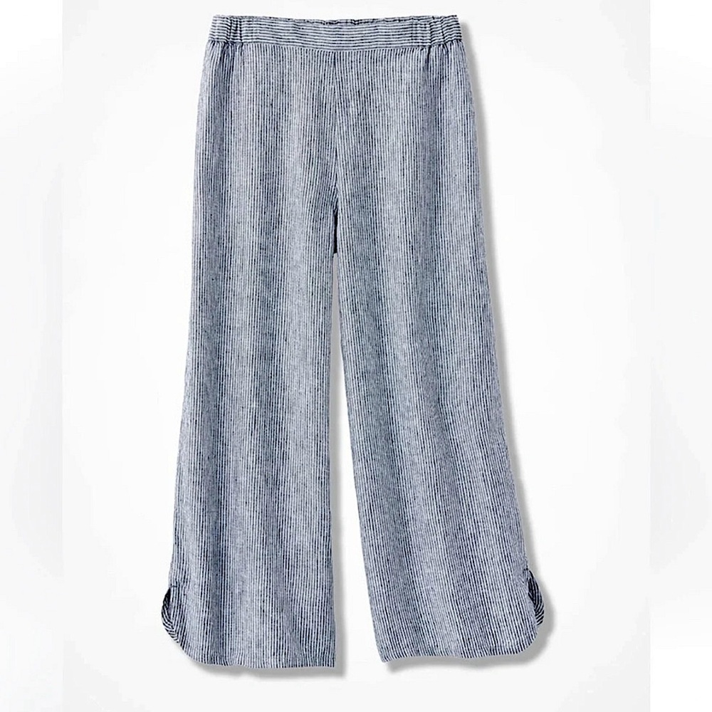 Coldwater Creek Linen Wide Leg Carpenter Stripe Pull on Pants Medium Beachy Gray